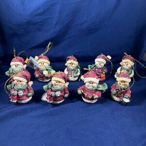 Set Of 9 Snowman Christmas Ornaments With Red Santa Hats & Glitter Accents Hangi